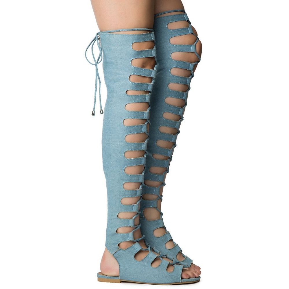 Size 7.5 Denim Lace-Up Over Knee Gladiator Sandals - Picture 2 of 3